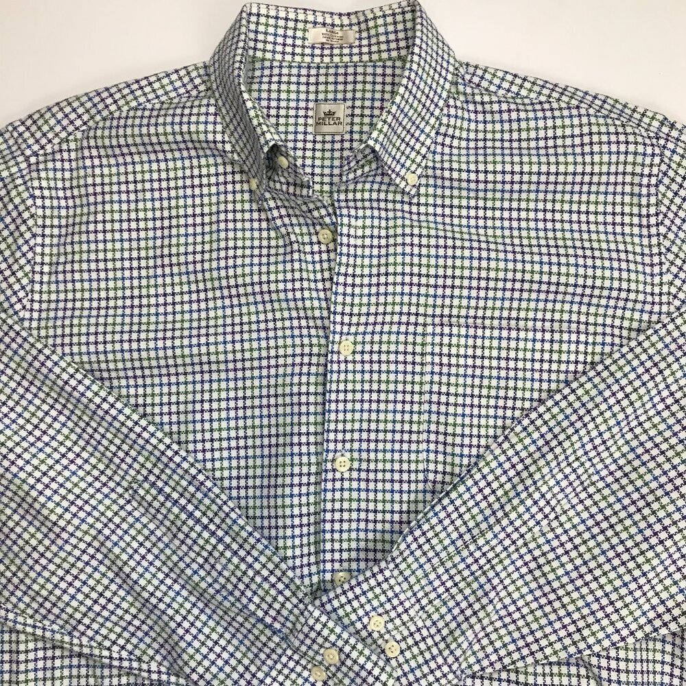 Peter Millar Men Large 100% Cotton White Multi-Color Plaid Shirt